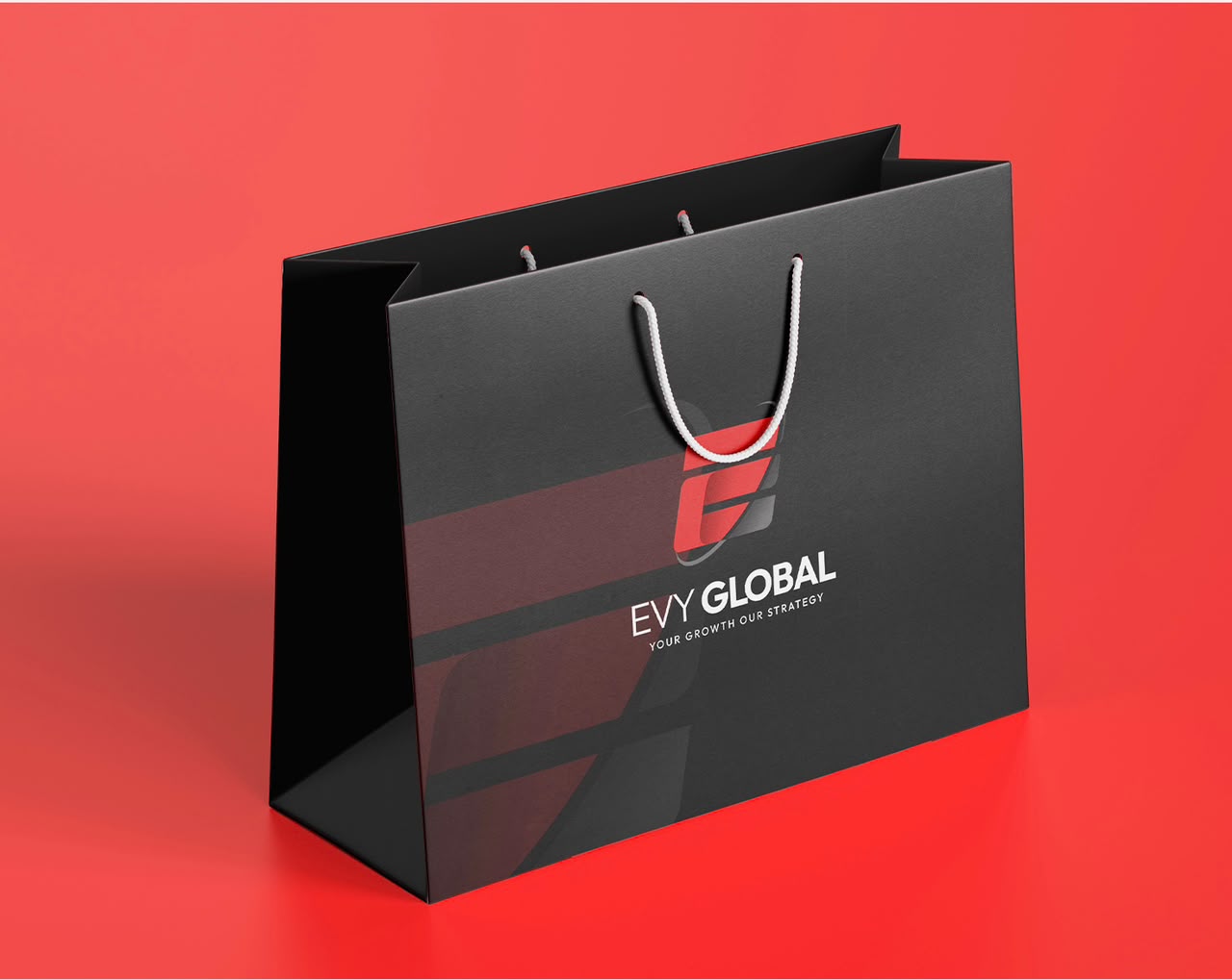 Evy Global branded shopping bag on a red background